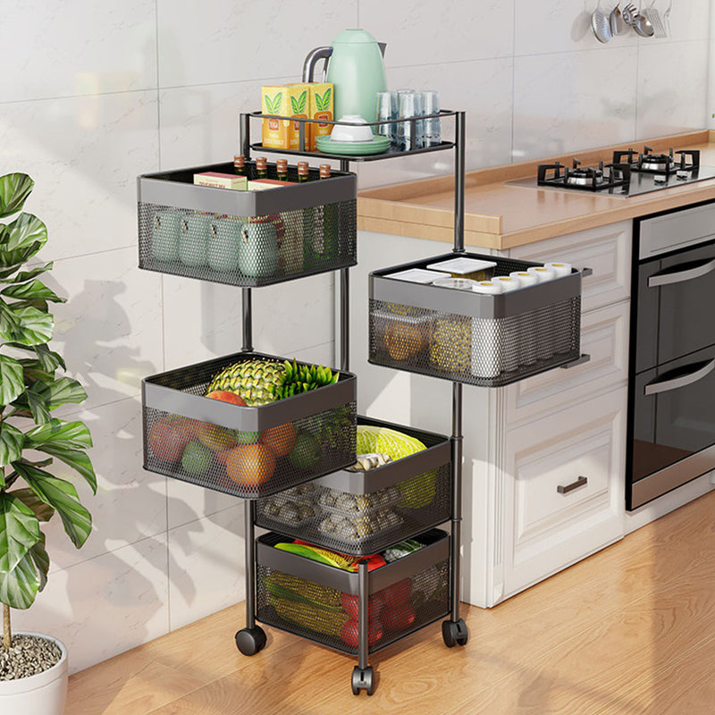 5 Tier Carbon Steel Rotating Kitchen Cart 30x30x97cm Black Wheels 10Kg Shelf
