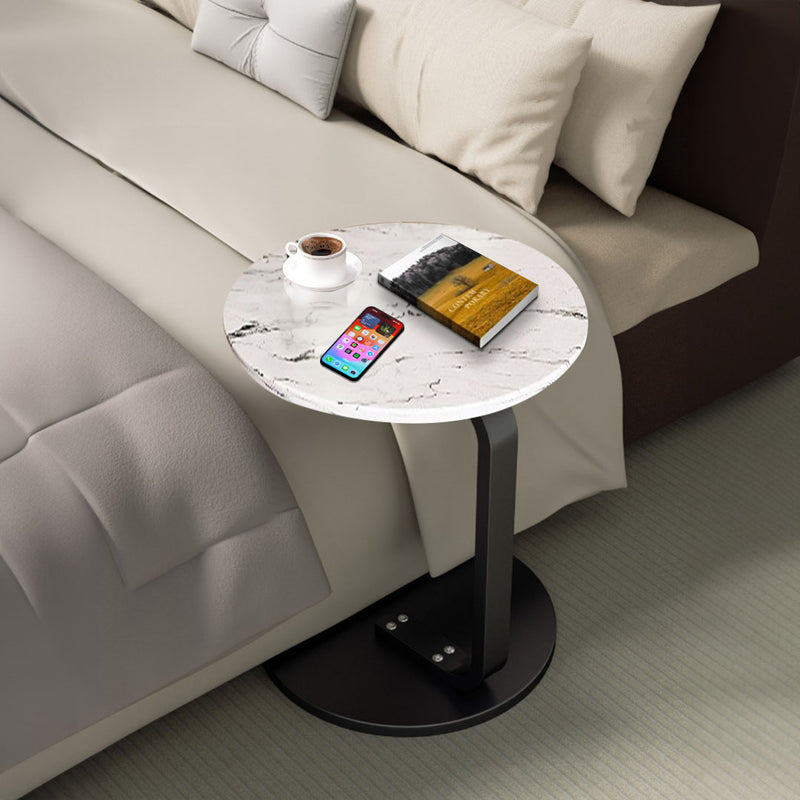 White Marble Mini Side Table 50cm Lightweight Portable Black Metal Frame