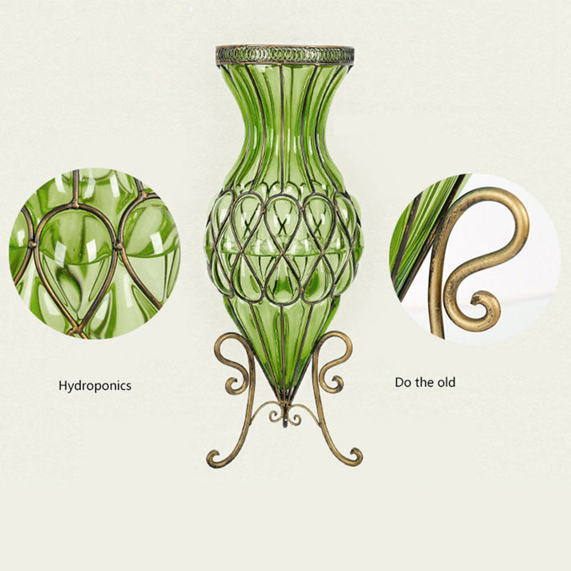 67cm Green Glass Floor Vase Gold Metal Accent With 10pcs White Silk Flowers