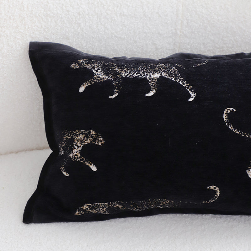 Black 35x55x18cm Throw Pillow Polyester Cotton Embroidered Panther Motif