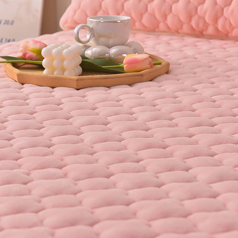 2X Pink Polyester Mattress Cover 203x153x40 Quilted Fleece With 4 Pillow Covers