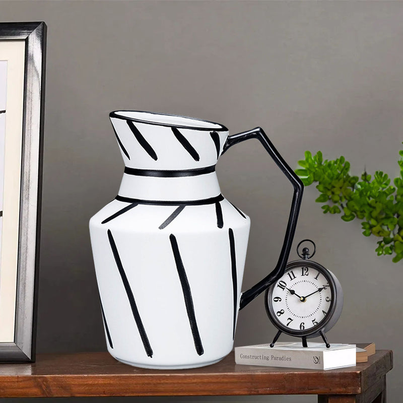 2X Ceramic Pitcher Vase 23.5x19.5cm Black White Striped With Handle