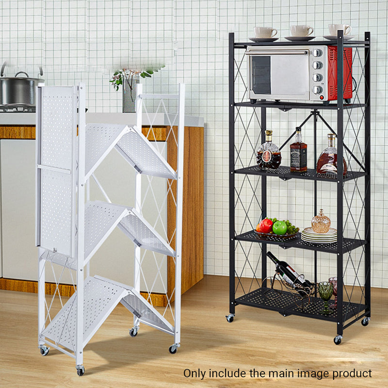 4 Tier Foldable Carbon Steel Kitchen Cart White Portable Storage Shelves Wheels