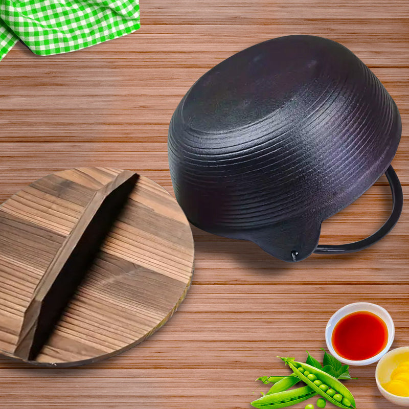 25cm Cast Iron Japanese Sukiyaki Hot Pot With Wooden Lid Non-Stick Surface