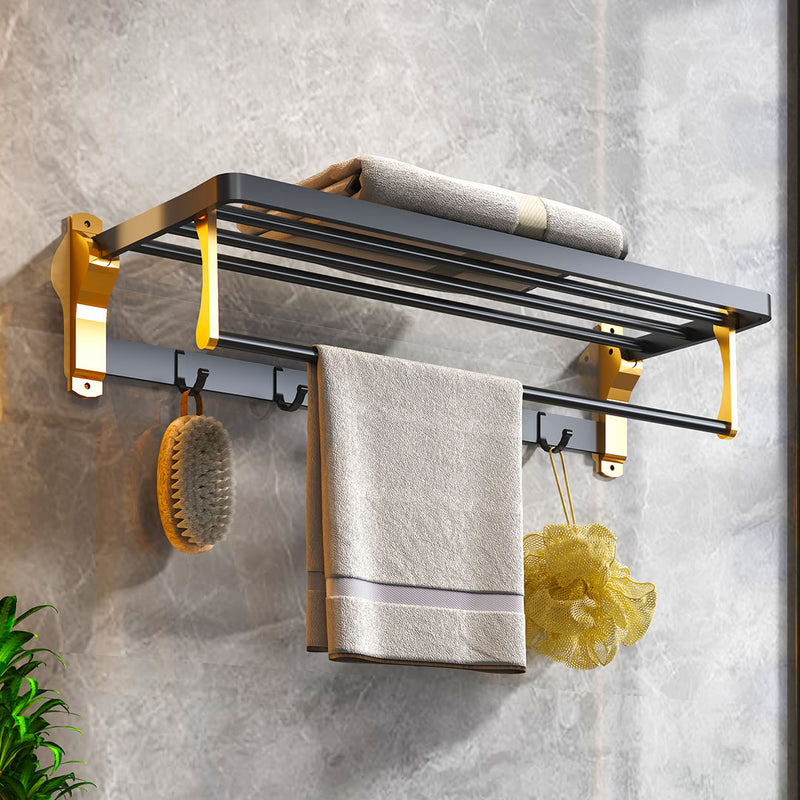 2X 63cm Aluminum Wall Mounted Double Pole Towel Rack With Hooks Black Gold