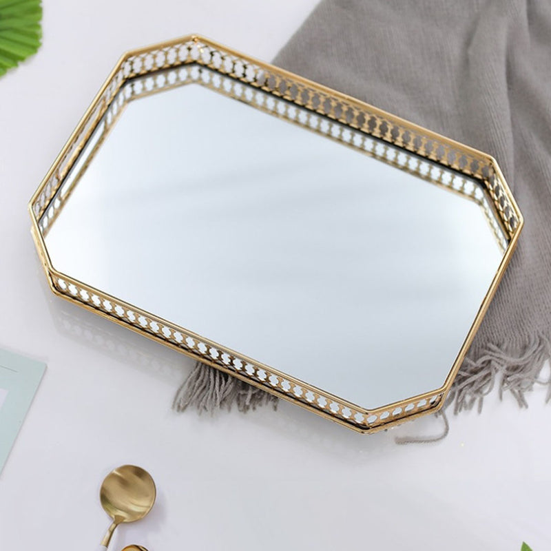 Gold Rectangle Mirror Glass Vanity Tray 35cm Ornate Perfume Jewelry Organizer