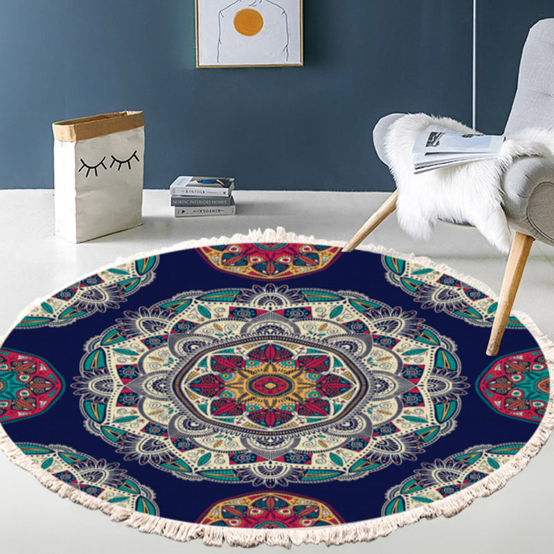 90cm Round Mandala Area Rug Polyester Non Slip Backing Blue