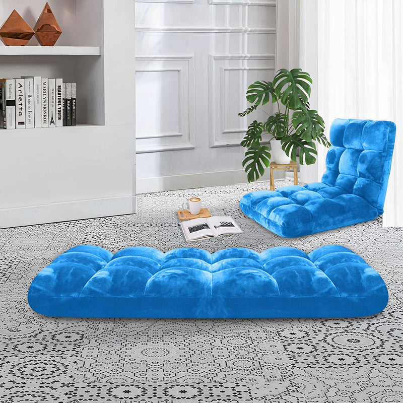 2X Floor Recliner Folding Chair Cushion Memory Foam 108x53x10cm Blue 6 Positions