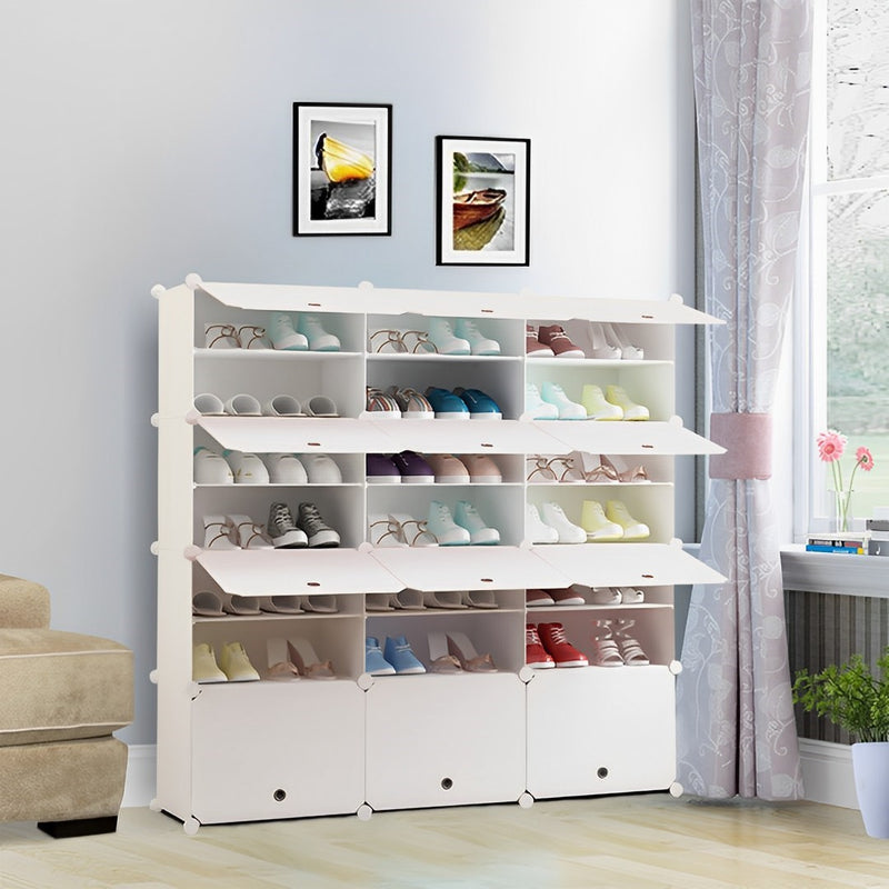 7 Tier 3 Column White Plastic Shoe Rack Organizer 125.5x32x126cm With Cover