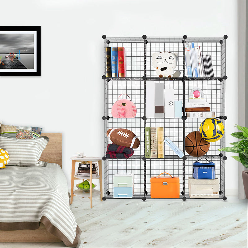 12 Cube Portable Wire Mesh Storage Organizer Foldable 110.5x37x146cm Black