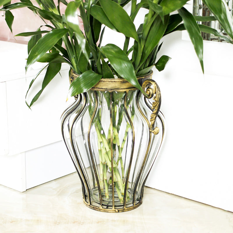 Clear European Glass Flower Vase with Gold Metal Handles 25cm x 33cm Decor