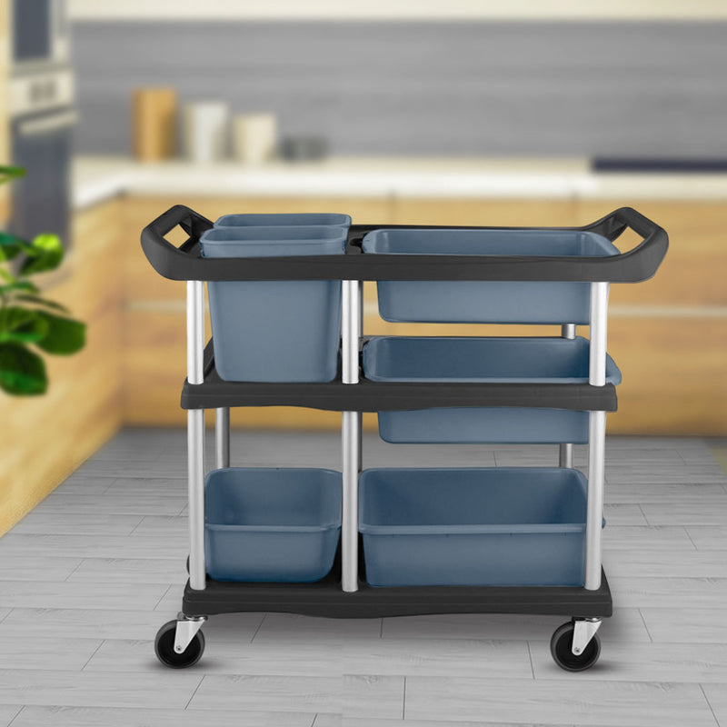 2X 3-Tier Aluminum Steel Utility Cart With Bins For Commercial Kitchen Blue