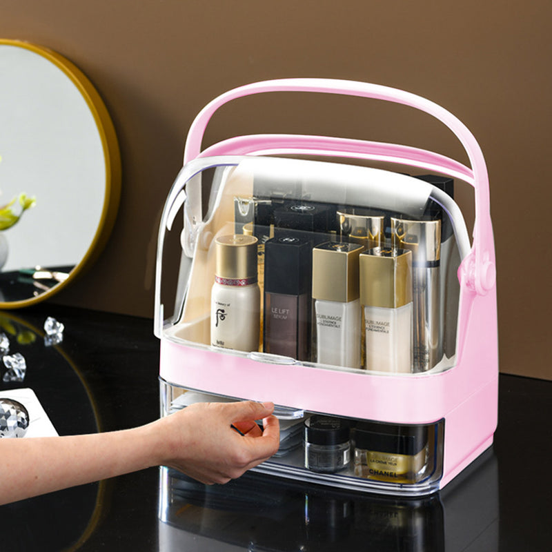 2X 2 Tier Pink ABS Countertop Makeup Organizer Clear Lid Handle 29x21.5x32cm