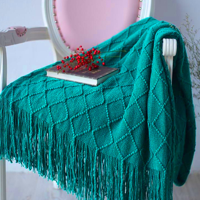 Teal Diamond Pattern Knitted Throw Blanket 100% Acrylic 130x170cm Tassels