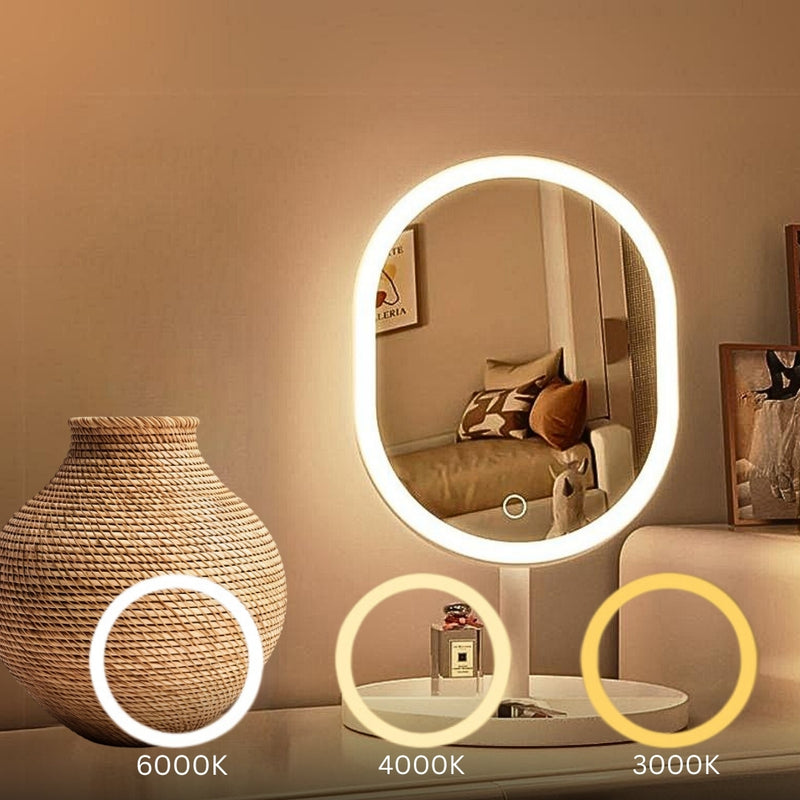 2X 26cm White Oval Led Tabletop Vanity Mirror Tricolor Dimming Usb Powered