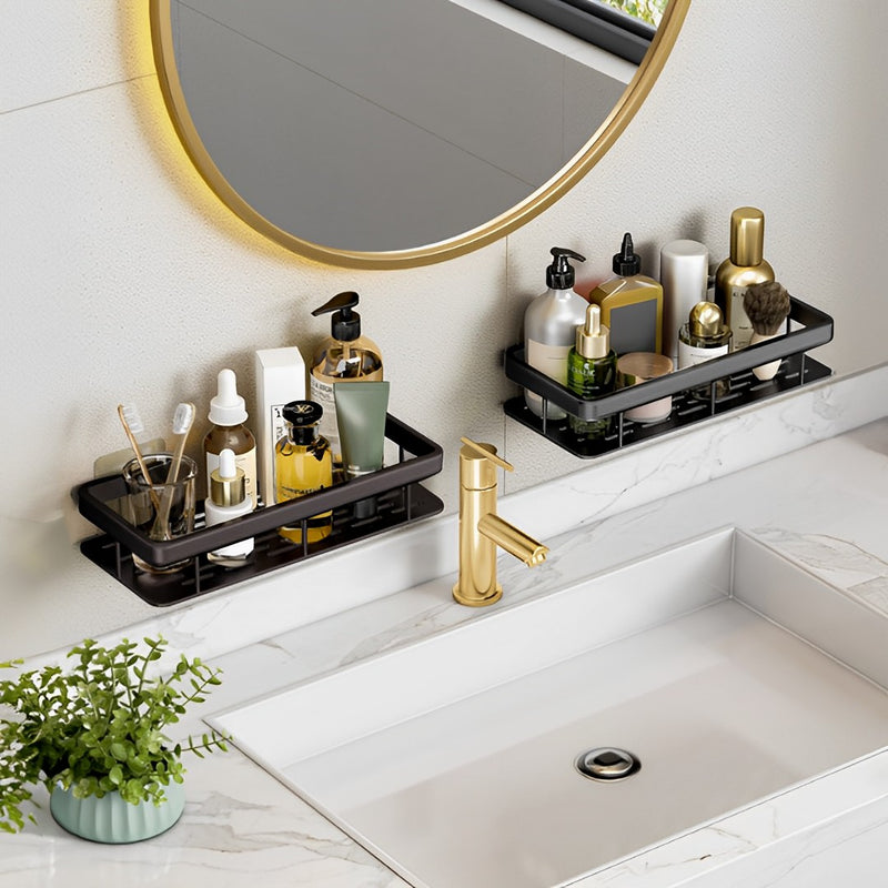 2X Black Wall-Mounted Aluminum Bathroom Storage Rack Adhesive Rust Proof