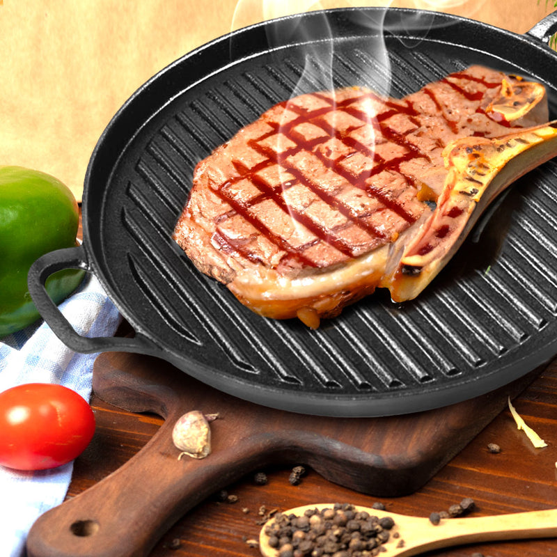 28cm Ribbed Cast Iron Frying Pan Skillet Non-Stick Sizzle Platter Black