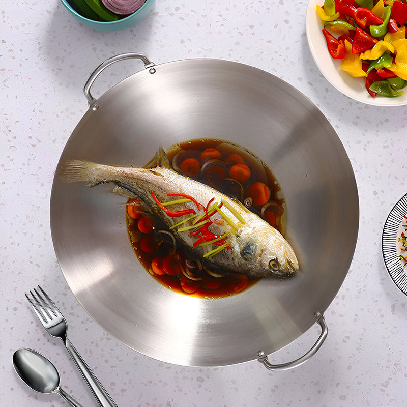 Stainless Steel Wok 43cm With Wood Handles Perfect For Home And Commercial Use