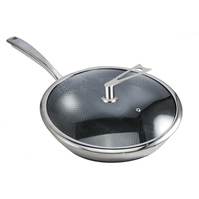 2X 32cm Stainless Steel Tri-Ply Fry Pan Non Stick Skillet With Glass Lid
