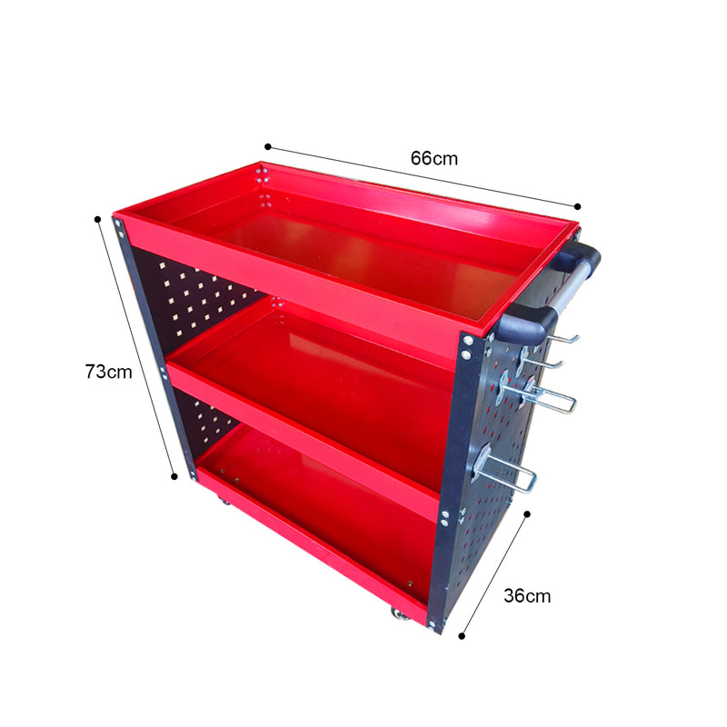 3 Tier Tool Cart Cold Rolled Steel 66x36x73Cm 40Kg Per Tier Red With Hooks