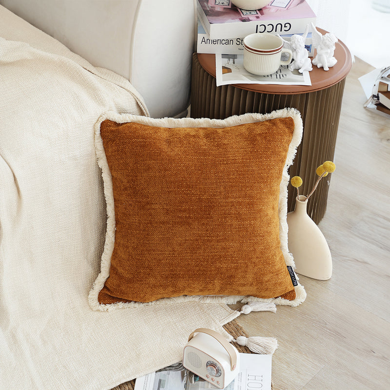 Sunset Orange Chenille Throw Pillow 45cm Textured with Tassels Cozy Home Decor