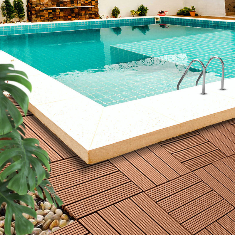 11 pcs Red Brown Wooden Composite Decking Tiles Slip Resistant Outdoor Flooring