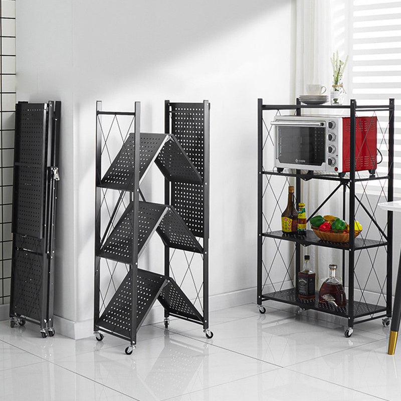 2X 4 Tier Carbon Steel Foldable Kitchen Cart Black Lockable Wheels