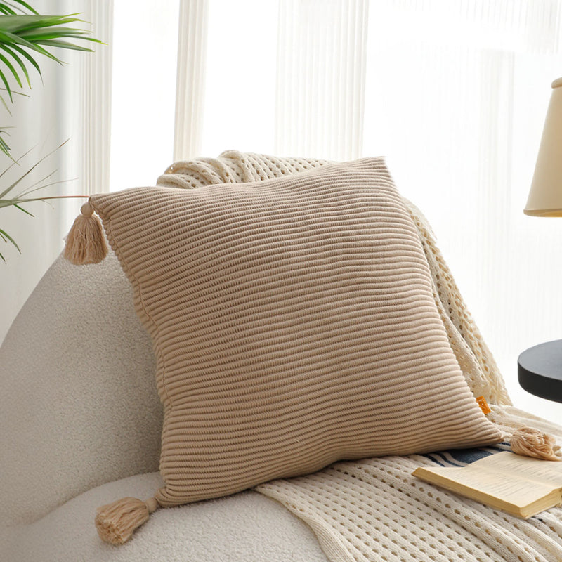 2X 45cm Square Velvet Throw Pillow Off White Striped Tassel Plush Cotton