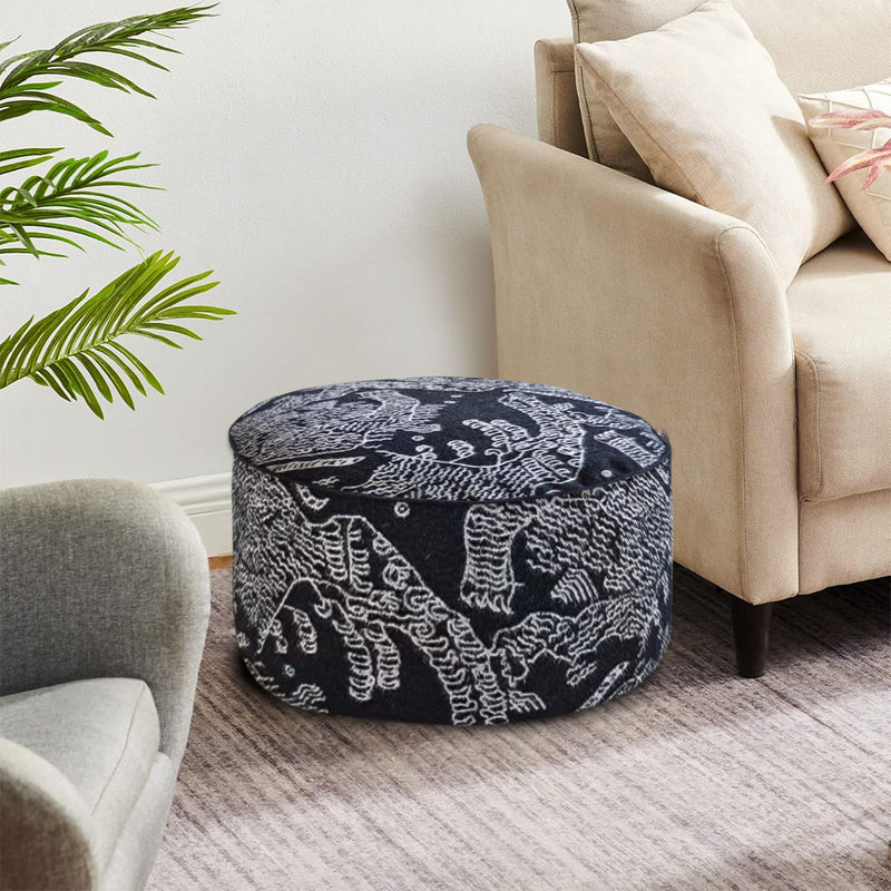 2X Black Velvet Cotton Round Pouffe 50x30CM Comfortable Elegant Footstool Seat
