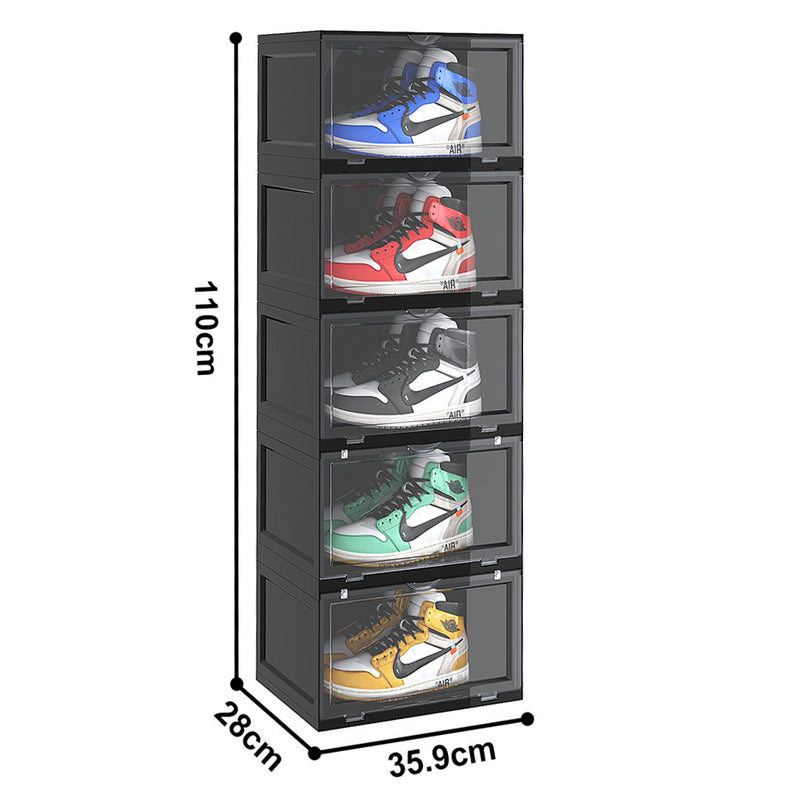 5 Tier Plastic Shoe Organiser Black Stackable Magnetic Door 35.9x28x110cm