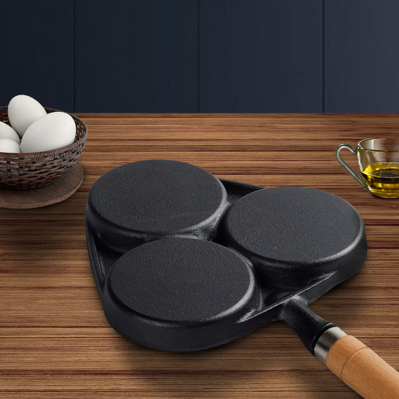 3 Mold Cast Iron Omelette Pan Non-Stick Wood Handle For Eggs Pancakes