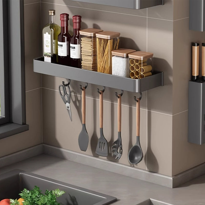 40cm Black Aluminum Wall Mounted Kitchen Spice Rack With Hooks Space Saving