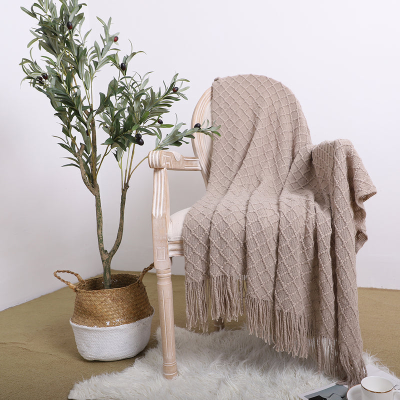 Coffee Knitted Throw Blanket 130x170cm Zigzag Fringe Acrylic Home Decor