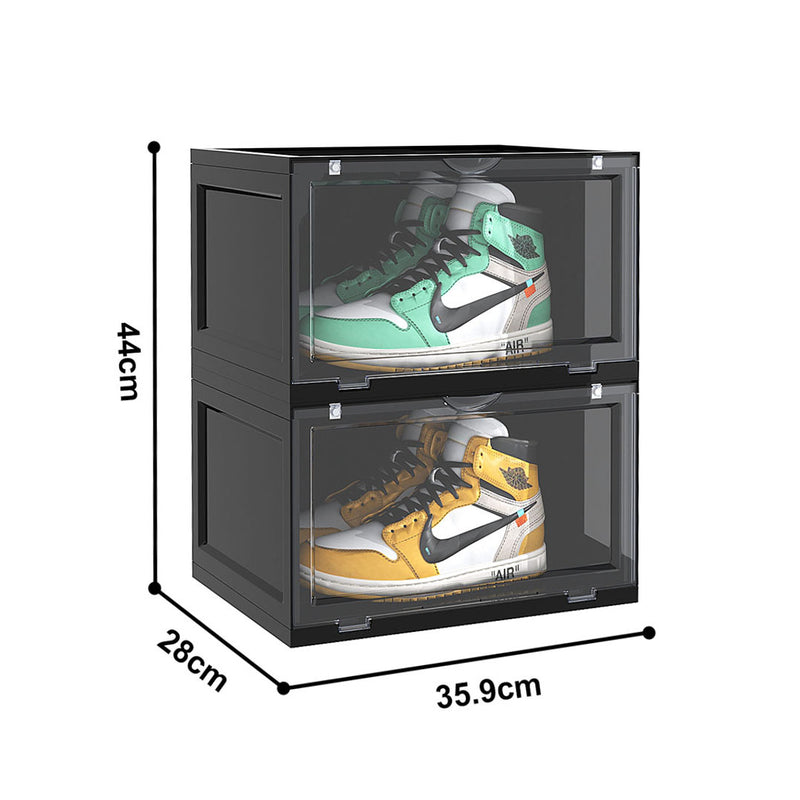 2X Portable Black Shoe Organizer 2 Tier Plastic Storage Box Magnetic Door