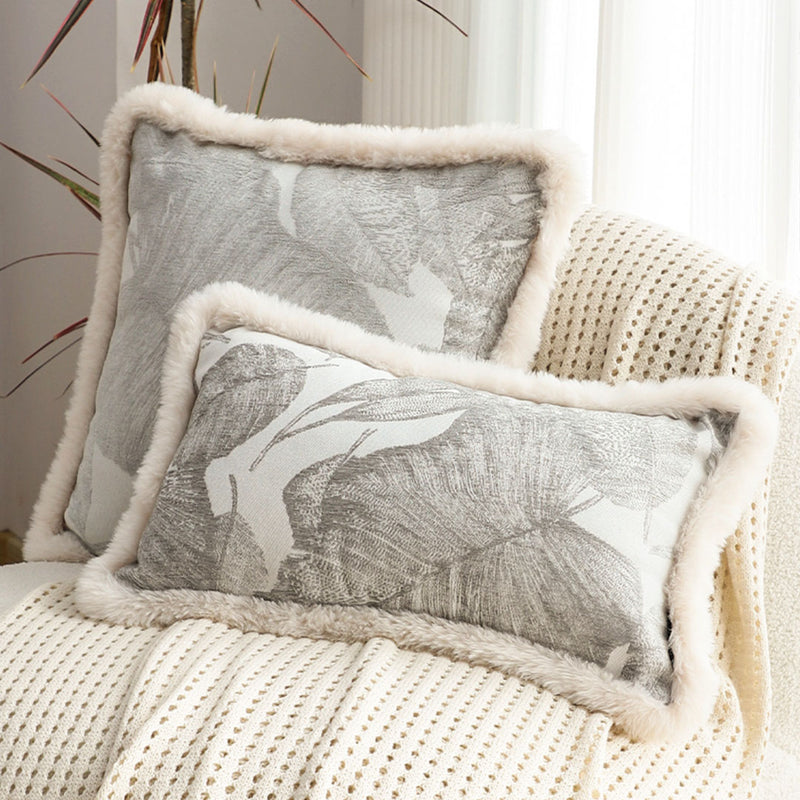 Rectangular Lumbar Throw Pillow Velvet 30x50cm Silver Raised Embroidered Leaf