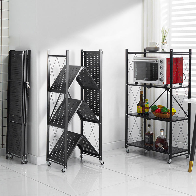 4 Tier Black Steel Foldable Kitchen Cart With Wheels Portable Storage Shelves