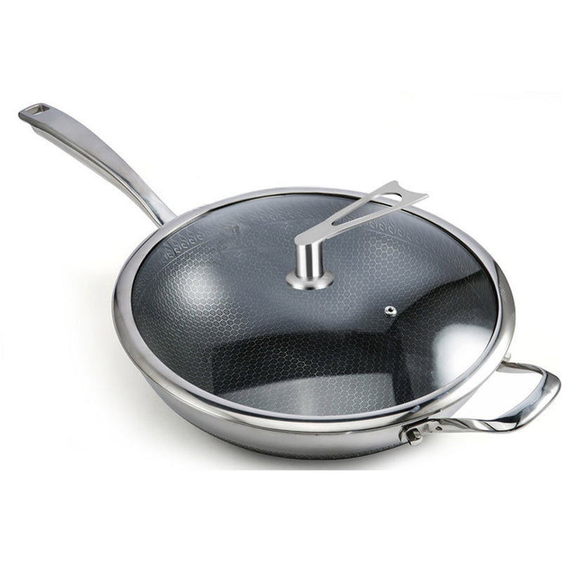 2X 34cm Tri Ply 304 Stainless Fry Pan Textured Nonstick Helper Handle Glass Lid