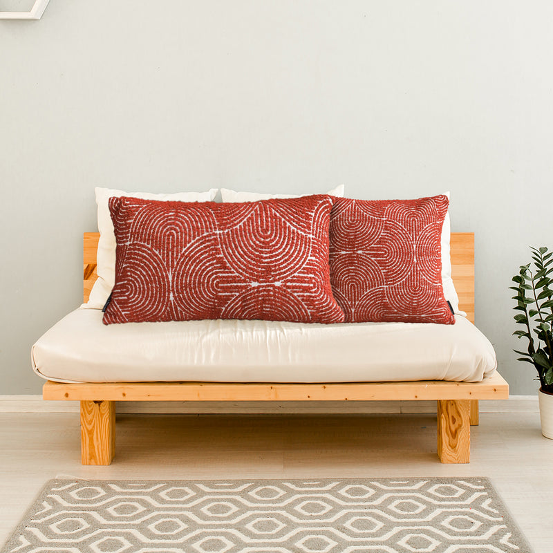Lumbar Throw Pillow 30x50cm Plush Velvet Corded Edge 15cm Thick Red