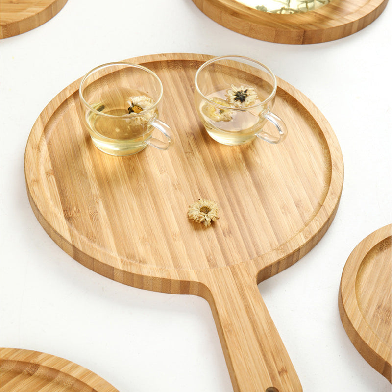 2X 11 Inch Bamboo Round Serving Trays With Handle Blonde Kitchen Decor