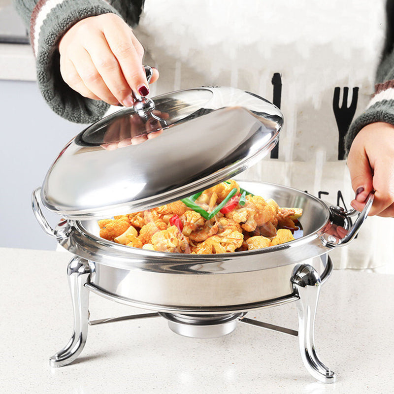 Stainless Steel Round Buffet Chafing Dish 34cm Silver Gold Accents Glass Lid