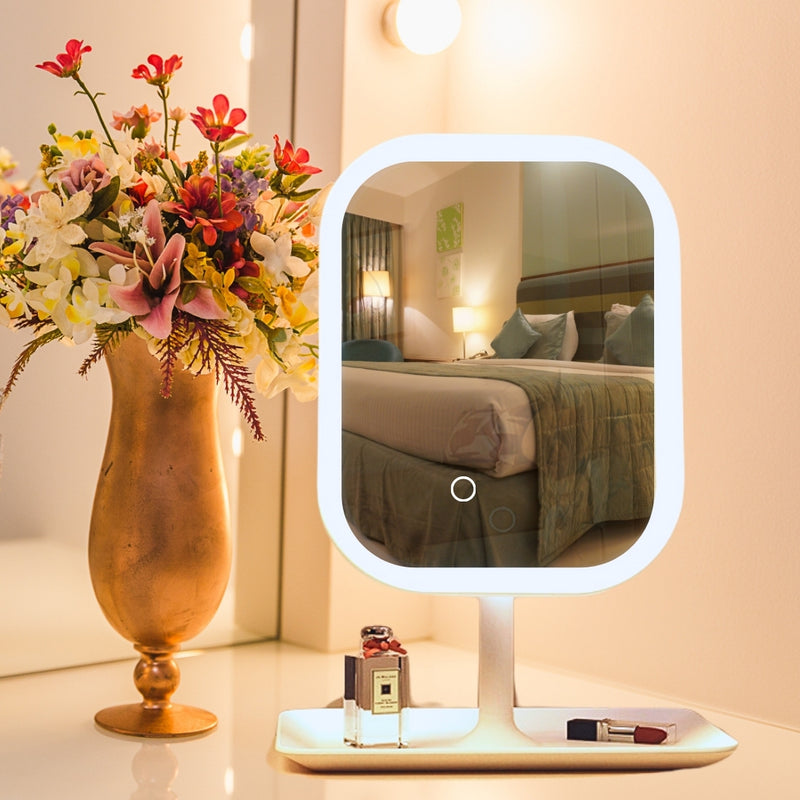 26cm Square Led Makeup Mirror White Tricolor Lights Usb 5x Magnification