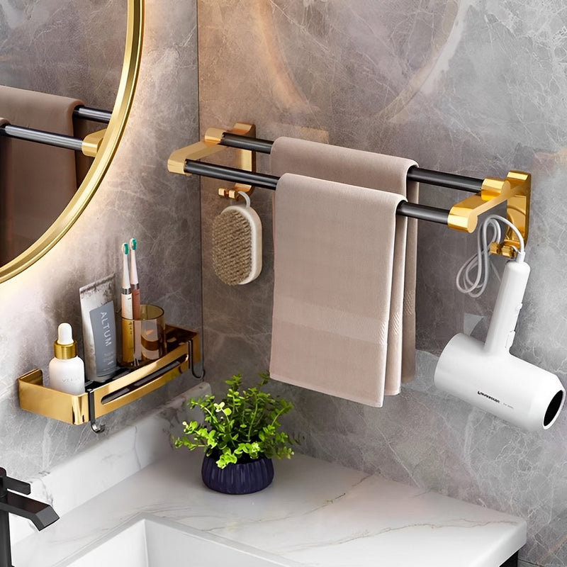 61cm Aluminum Wall Mounted Double Pole Towel Rack With Hooks Black Gold