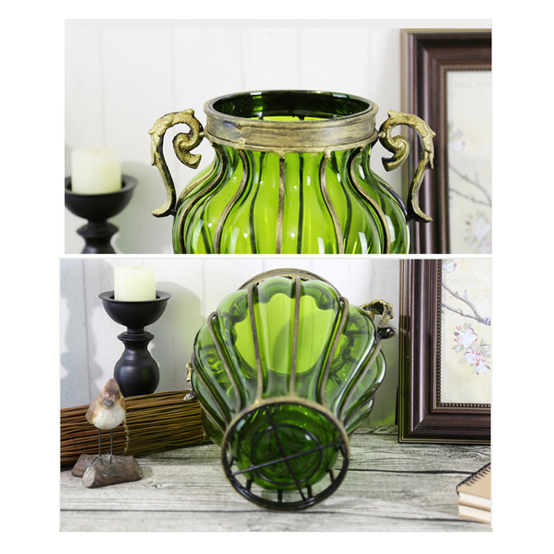 Green Glass Flower Vase European Style With Two Gold Metal Handles 25cm X 33cm