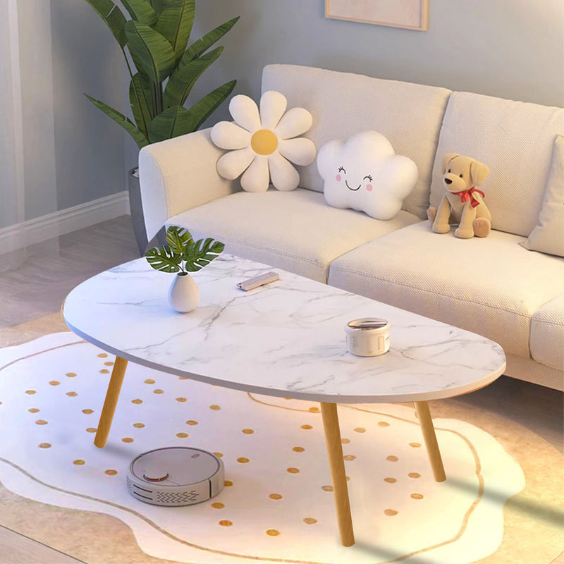 Modern White Stone Pattern Coffee Table 80x40cm Nordic Style Wood Legs