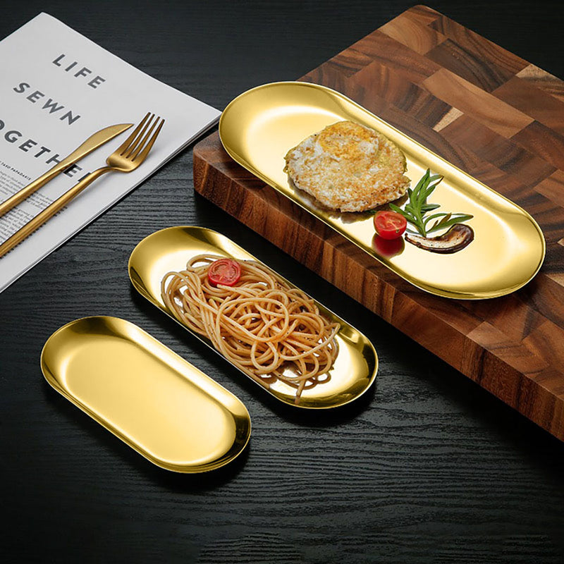 Oval Stainless Steel Plate Set 3 Pieces Small Medium Large Gold Nordic
