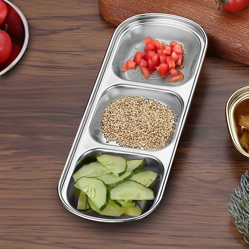 3 Compartment Stainless Steel 20.5cm Divided Sauce Dish Silver 4 Pieces