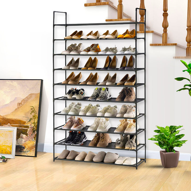 10 Tier Shoe Storage Shelf Space Saving Rack Organizer With Handle Black