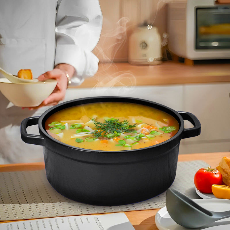 Cast Iron 24cm Casserole Stewpot 3.6L With Lid Black Enamel Interior
