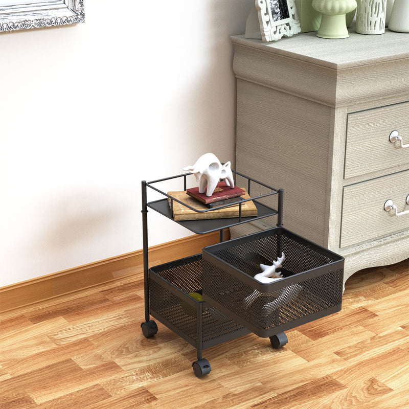 2 Tier Carbon Steel Kitchen Cart 30cm X 30cm X 49cm Rotating Mesh Black Wheels