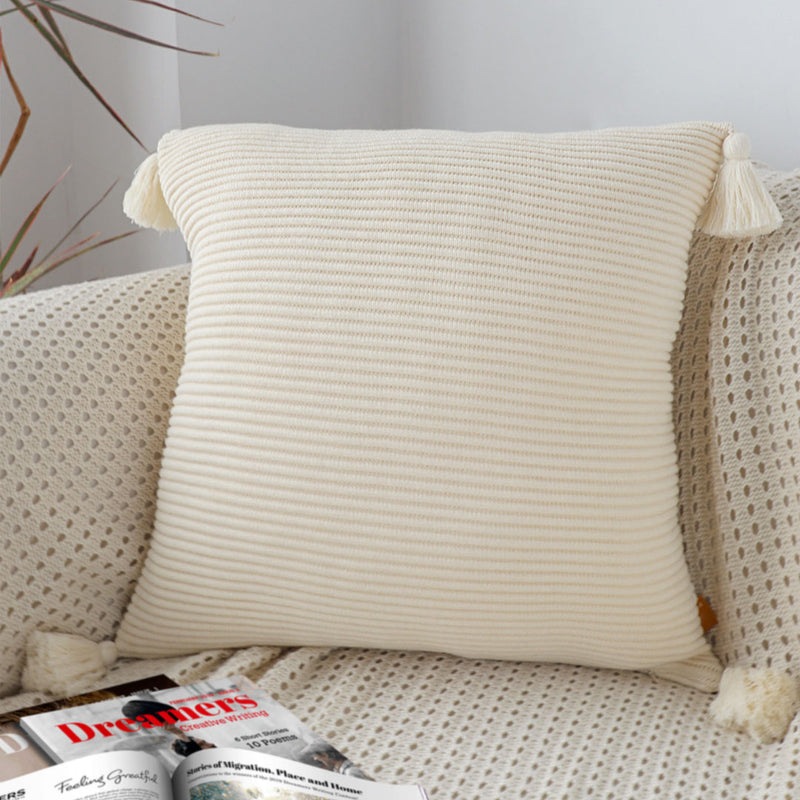 Square Throw Pillow Velvet Cotton Blend 45x45cm Thick 15cm Khaki Tassel